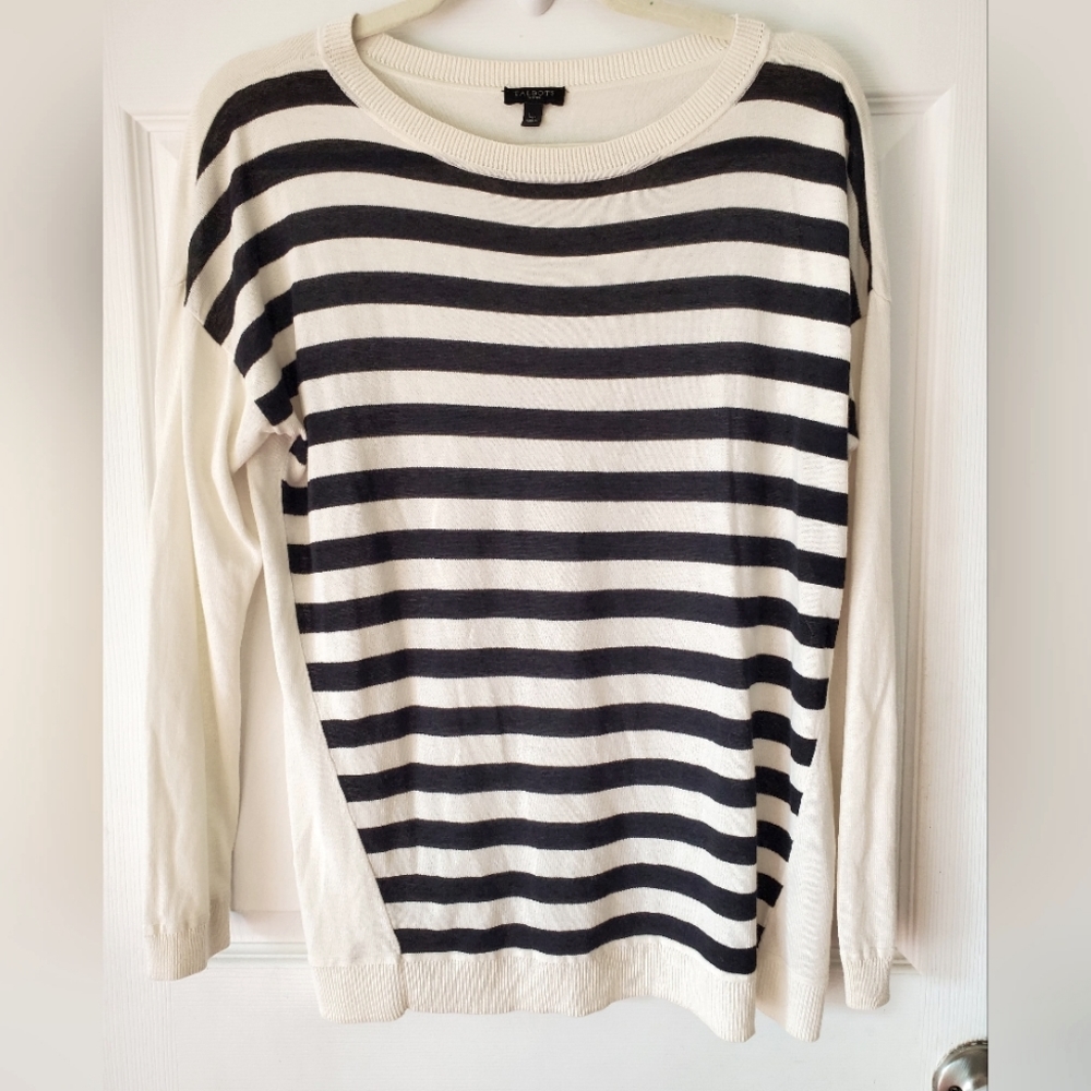 Talbots Black & Cream Striped Sweater Size: Petite Large